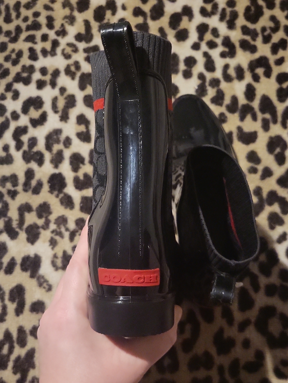NEW! Coach 🐎 Monogram Black Patent Chelsea Ankle Rain Boots with Red Accent - Picture 5 of 7